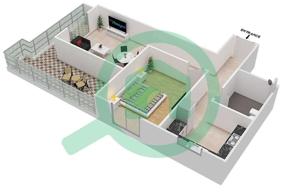 المخططات الطابقية لتصميم الوحدة 9 شقة 1 غرفة نوم - قصر صباح 2 interactive3D
