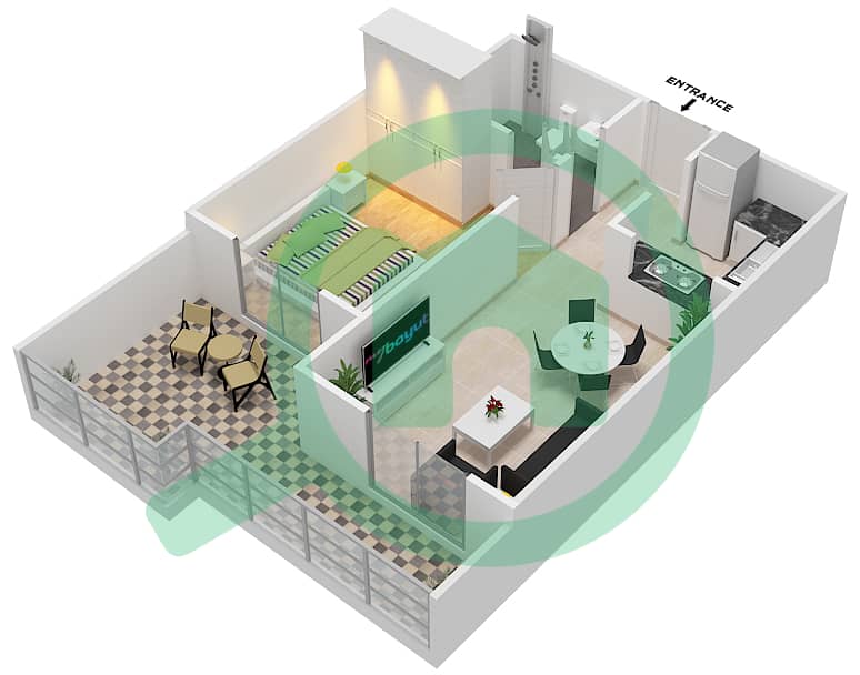 المخططات الطابقية لتصميم الوحدة 10 شقة 1 غرفة نوم - قصر صباح 2 interactive3D