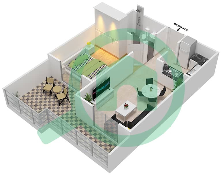 المخططات الطابقية لتصميم الوحدة 13 شقة 1 غرفة نوم - قصر صباح 2 interactive3D