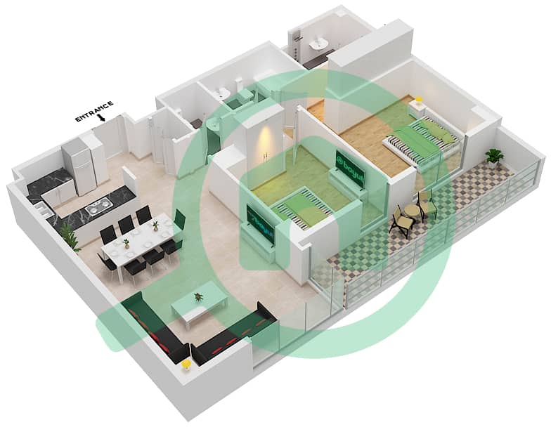 المخططات الطابقية لتصميم النموذج L شقة 2 غرفة نوم - ذا بلس ريزيدنس بلازا interactive3D