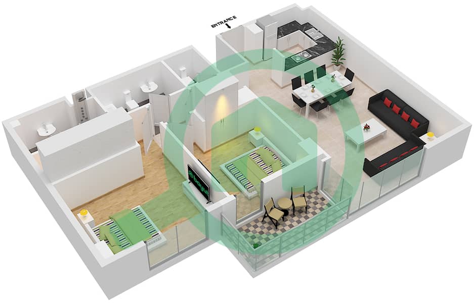 The Pulse Residence Plaza - 2 卧室公寓类型O戶型图 interactive3D