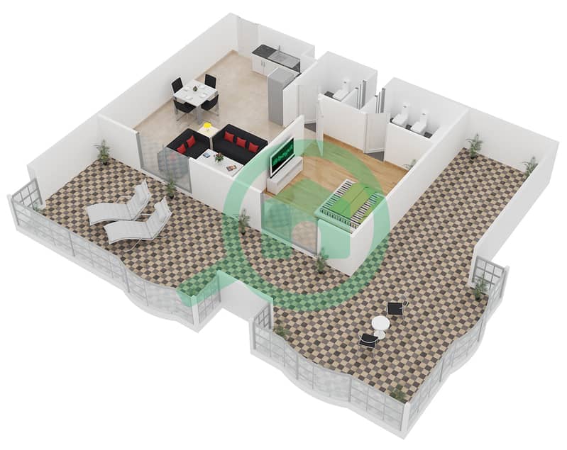 المخططات الطابقية لتصميم الوحدة 4-10 شقة 1 غرفة نوم - مساكن لولينا interactive3D