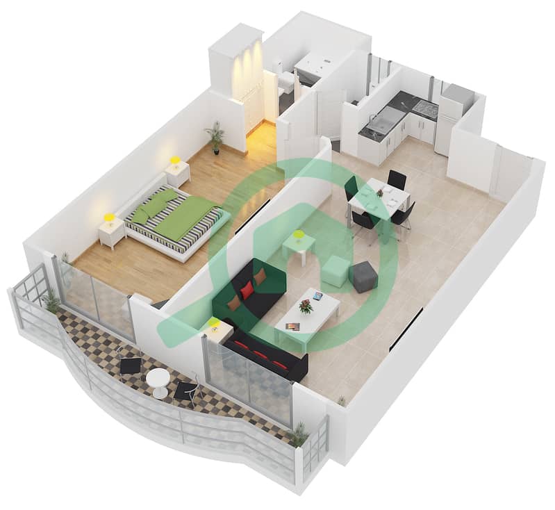 المخططات الطابقية لتصميم الوحدة T-04 شقة 1 غرفة نوم - مساكن لولينا interactive3D