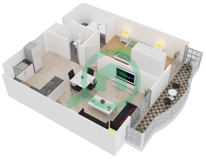 المخططات الطابقية لتصميم الوحدة T-05 شقة 1 غرفة نوم - مساكن لولينا interactive3D