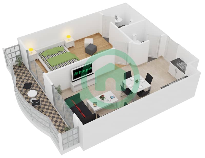 المخططات الطابقية لتصميم الوحدة T-14 شقة 1 غرفة نوم - مساكن لولينا interactive3D