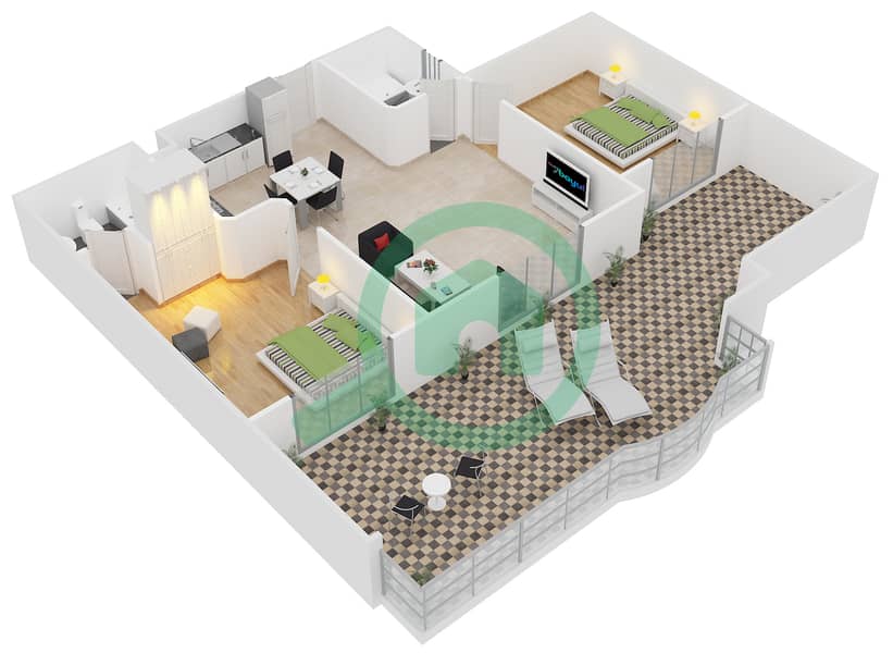 المخططات الطابقية لتصميم الوحدة 4-09 شقة 2 غرفة نوم - مساكن لولينا interactive3D