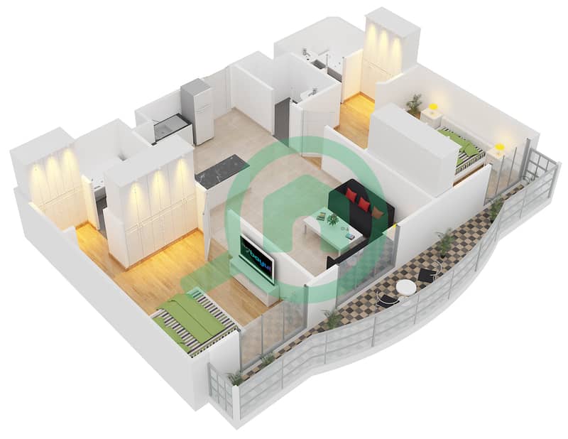 المخططات الطابقية لتصميم الوحدة T-02 شقة 2 غرفة نوم - مساكن لولينا interactive3D