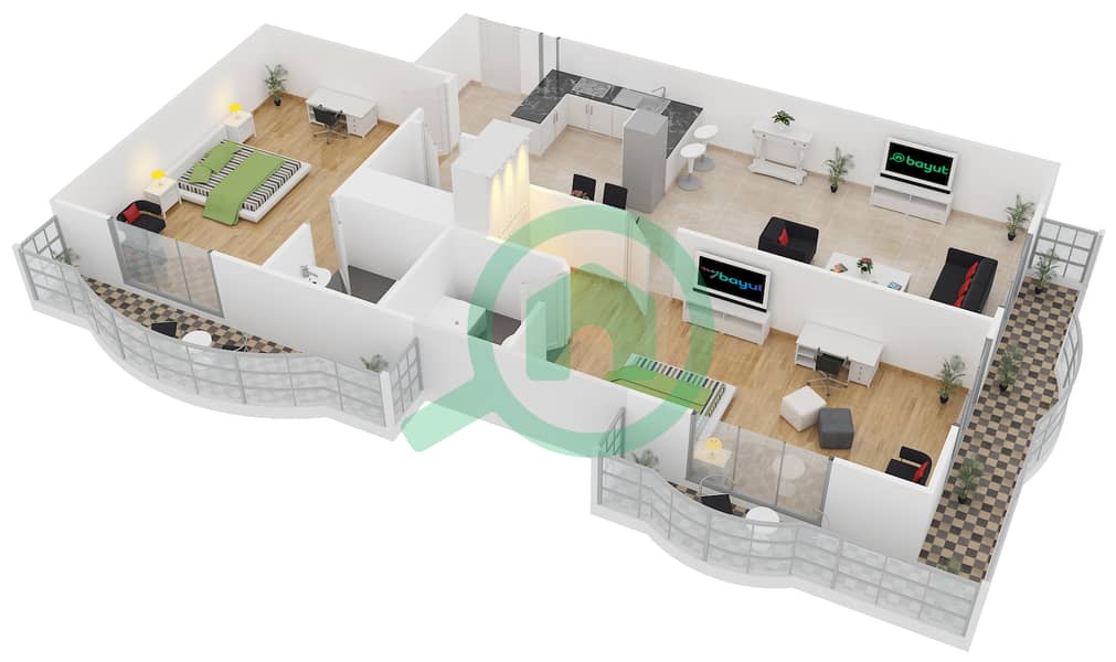 罗莱纳公寓 - 2 卧室公寓单位T-07戶型图 interactive3D