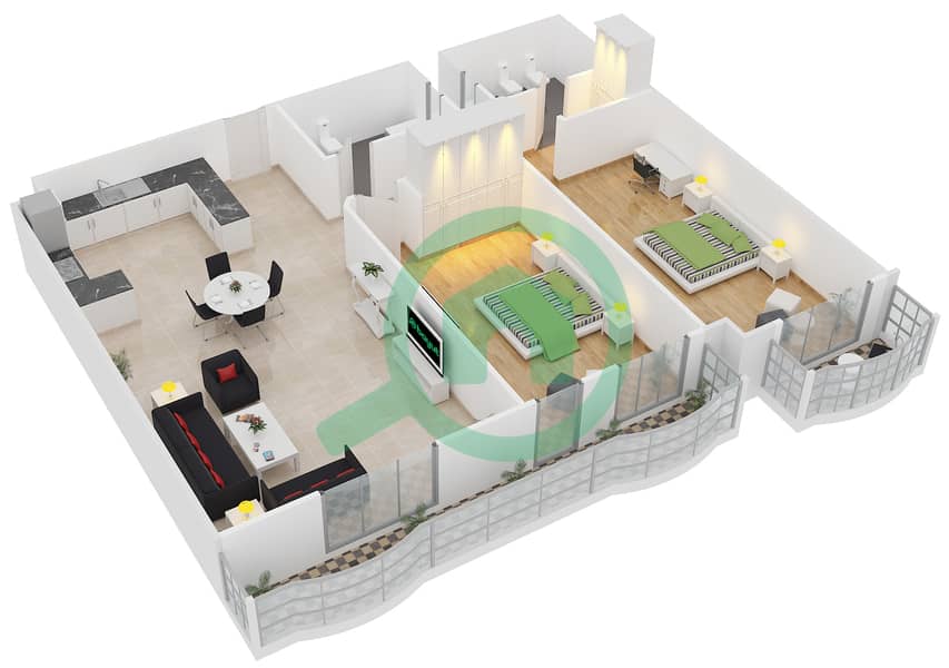المخططات الطابقية لتصميم الوحدة T-08 شقة 2 غرفة نوم - مساكن لولينا interactive3D