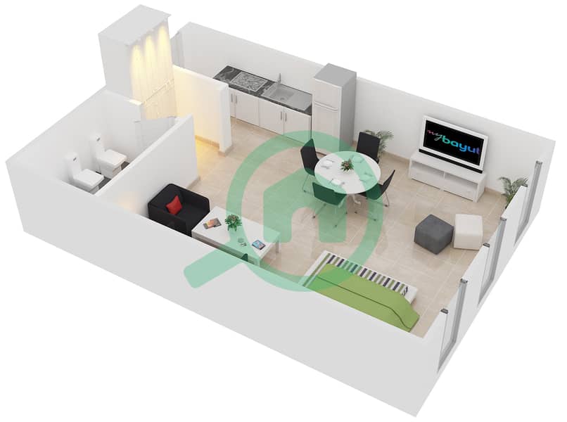 المخططات الطابقية لتصميم الوحدة G-14 شقة استوديو - مساكن لولينا interactive3D