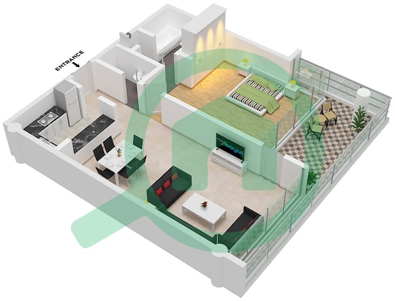 المخططات الطابقية لتصميم النموذج C01 شقة 1 غرفة نوم - ليبرتي هاوس interactive3D