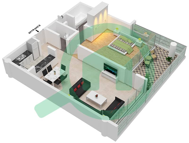 المخططات الطابقية لتصميم النموذج C2 شقة 1 غرفة نوم - ليبرتي هاوس interactive3D