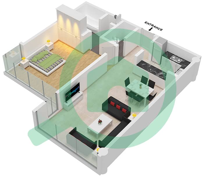 المخططات الطابقية لتصميم النموذج C3 شقة 1 غرفة نوم - ليبرتي هاوس interactive3D