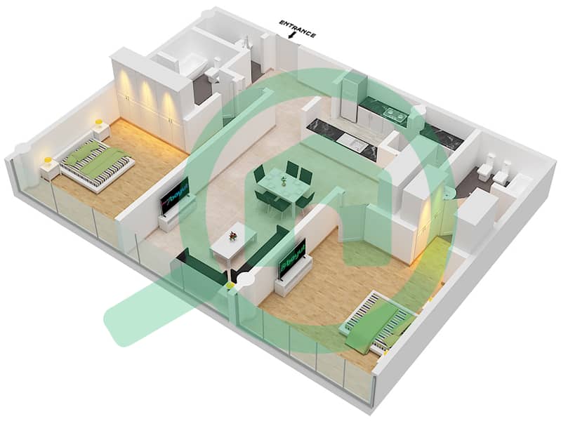 المخططات الطابقية لتصميم النموذج D3, D4 شقة 1 غرفة نوم - ليبرتي هاوس interactive3D