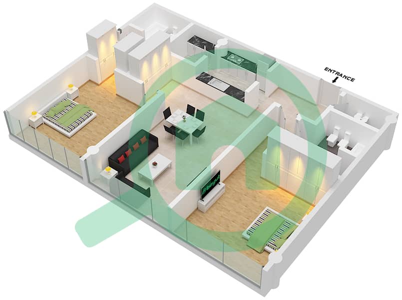 المخططات الطابقية لتصميم النموذج D03, D04 شقة 1 غرفة نوم - ليبرتي هاوس interactive3D