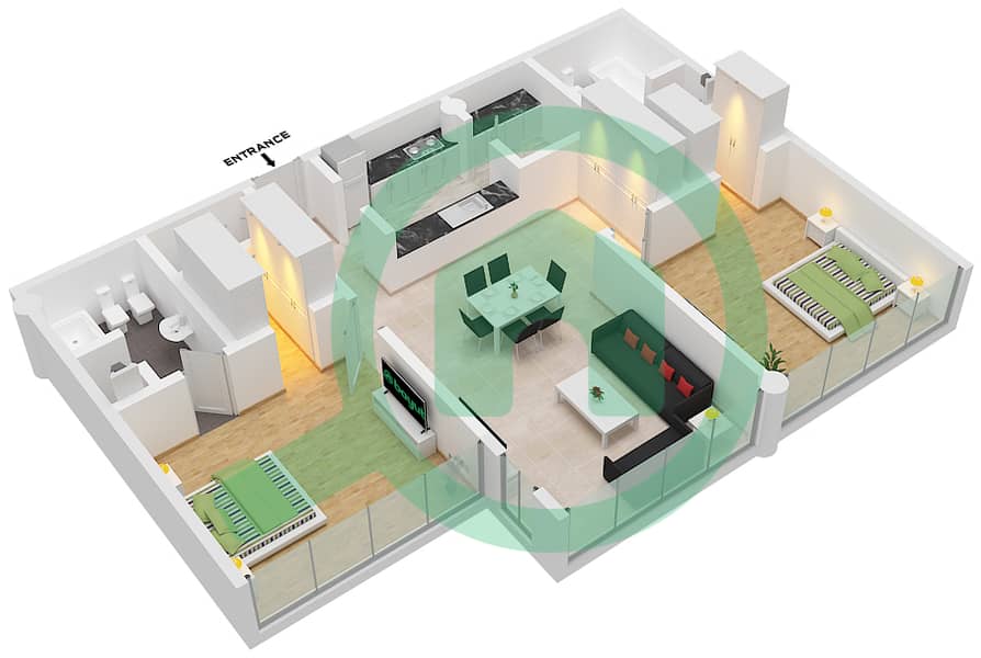 المخططات الطابقية لتصميم النموذج D02 شقة 1 غرفة نوم - ليبرتي هاوس interactive3D