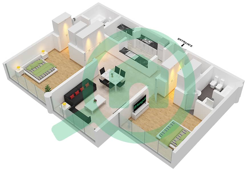 المخططات الطابقية لتصميم النموذج D2 شقة 1 غرفة نوم - ليبرتي هاوس interactive3D