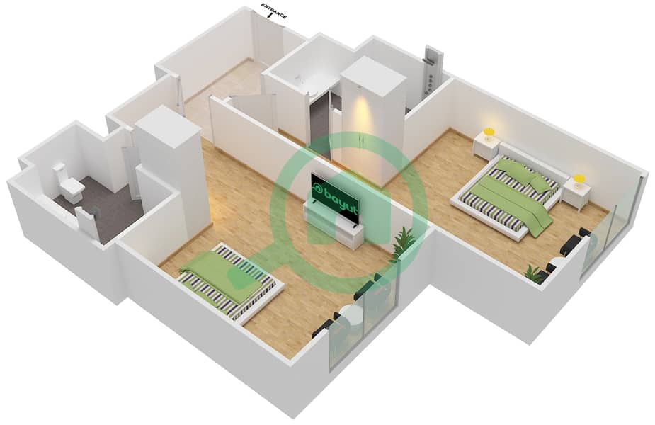 المخططات الطابقية لتصميم الوحدة 13,14 شقة 2 غرفة نوم - روﭪ سيتي ووك interactive3D