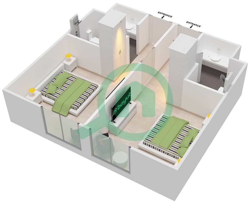 المخططات الطابقية لتصميم الوحدة 26-27 شقة 2 غرفة نوم - روﭪ سيتي ووك interactive3D