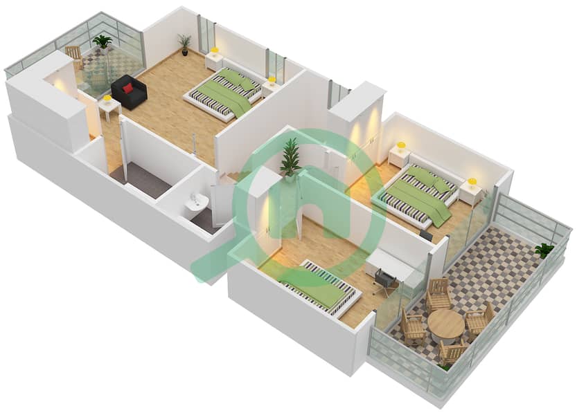 Warsan Village - 3 Bedroom Townhouse Type CORNER Floor plan interactive3D