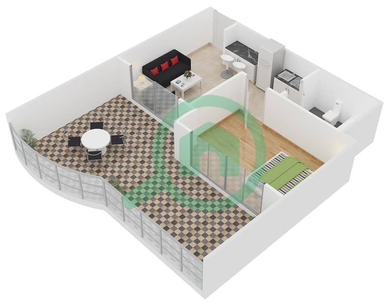 骑士桥阁综合大楼 - 1 卧室公寓单位R-22戶型图 interactive3D