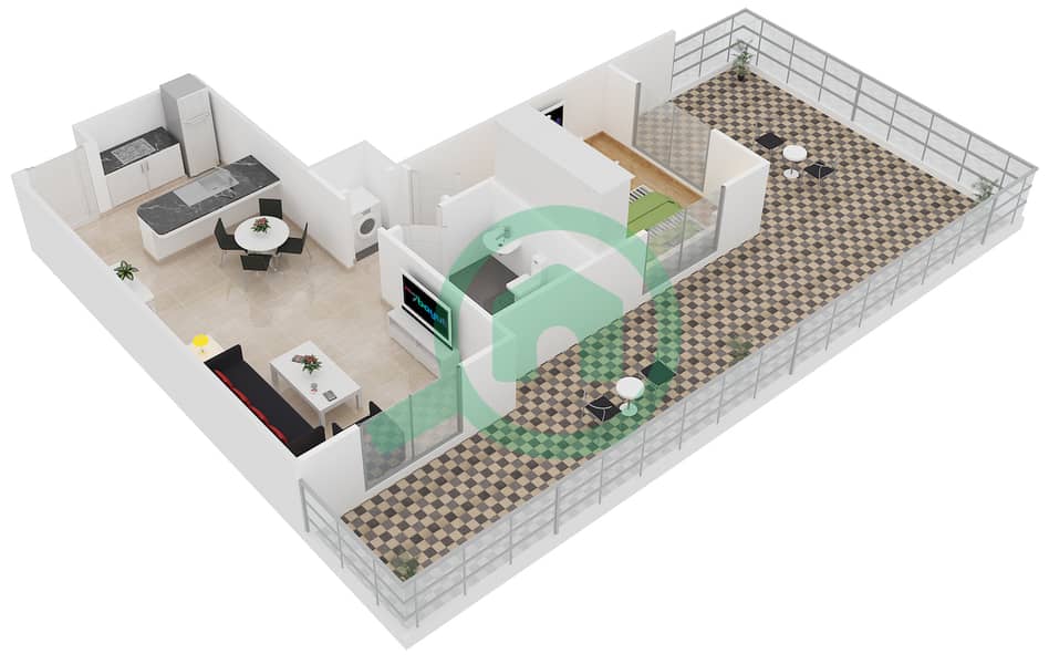 المخططات الطابقية لتصميم النموذج E08 شقة 1 غرفة نوم - دايموند فيوز 1 interactive3D