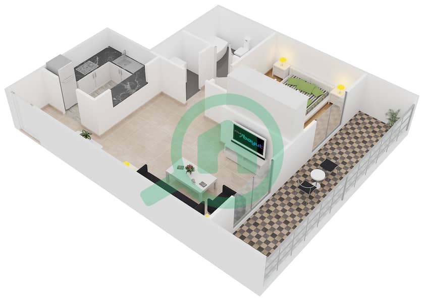 المخططات الطابقية لتصميم النموذج B02 شقة 1 غرفة نوم - دايموند فيوز 1 interactive3D