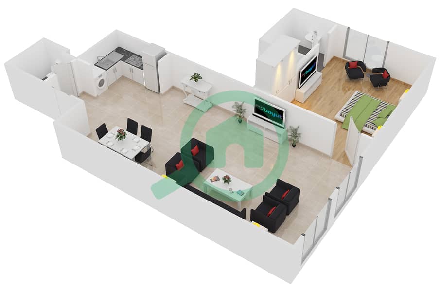 المخططات الطابقية لتصميم الوحدة 2 شقة 1 غرفة نوم - مساكن مسار interactive3D