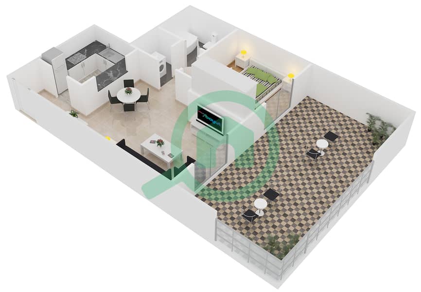 المخططات الطابقية لتصميم النموذج B03 شقة 1 غرفة نوم - دايموند فيوز 1 interactive3D