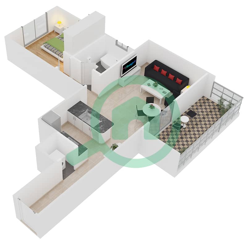 المخططات الطابقية لتصميم النموذج C04 شقة 1 غرفة نوم - دايموند فيوز 1 interactive3D