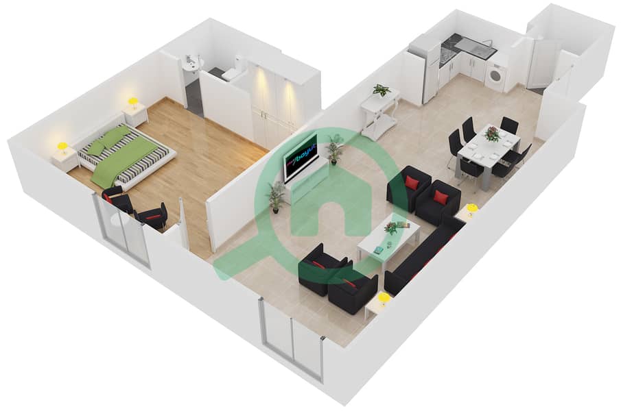 المخططات الطابقية لتصميم الوحدة 3 شقة 1 غرفة نوم - مساكن مسار interactive3D