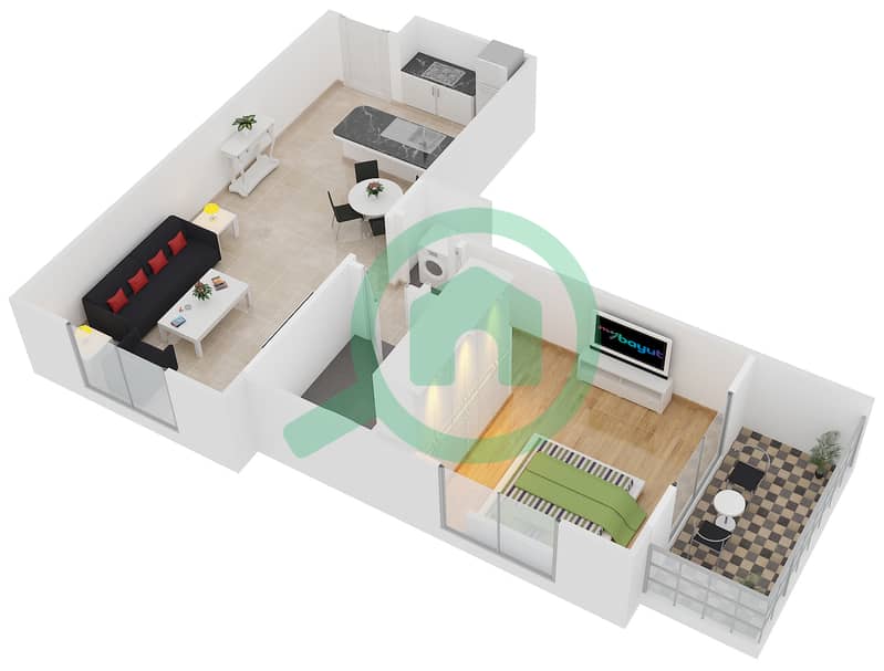 المخططات الطابقية لتصميم النموذج E07 شقة 1 غرفة نوم - دايموند فيوز 1 interactive3D