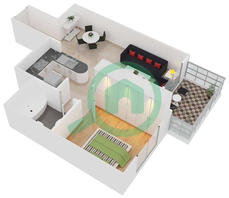 المخططات الطابقية لتصميم النموذج F09 شقة 1 غرفة نوم - دايموند فيوز 1 interactive3D