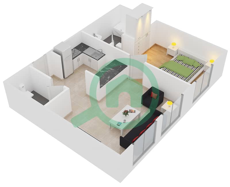 المخططات الطابقية لتصميم الوحدة 21 شقة 1 غرفة نوم - مساكن مسار interactive3D