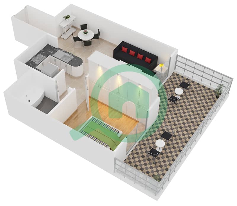 المخططات الطابقية لتصميم النموذج F10 شقة 1 غرفة نوم - دايموند فيوز 1 interactive3D
