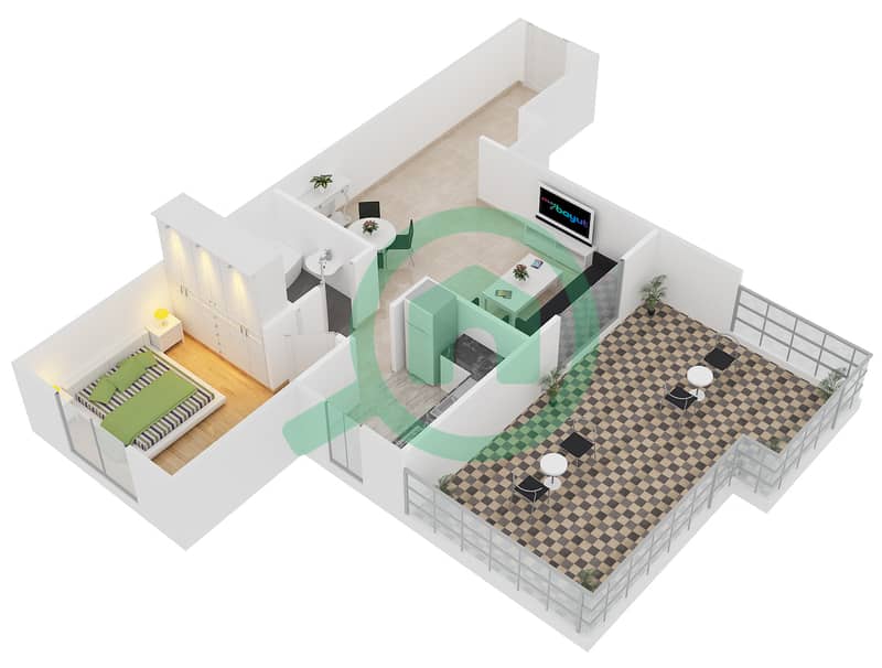 المخططات الطابقية لتصميم النموذج H11 شقة 1 غرفة نوم - دايموند فيوز 1 interactive3D