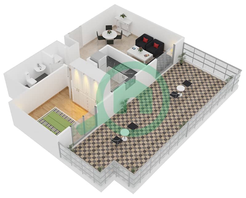 المخططات الطابقية لتصميم النموذج I12 شقة 1 غرفة نوم - دايموند فيوز 1 interactive3D