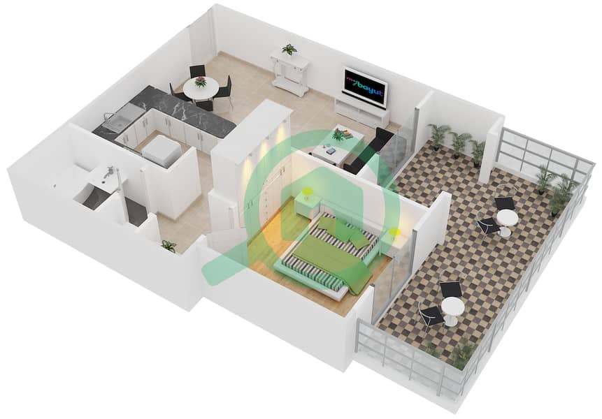 المخططات الطابقية لتصميم النموذج A01 شقة 1 غرفة نوم - دايموند فيوز 1 interactive3D