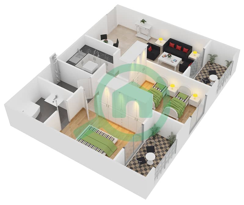钻石景观I公寓 - 2 卧室公寓类型A13戶型图 interactive3D