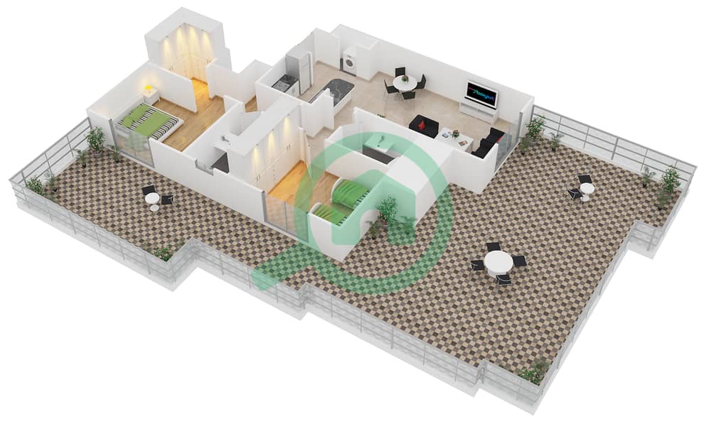 المخططات الطابقية لتصميم النموذج B14 شقة 2 غرفة نوم - دايموند فيوز 1 interactive3D