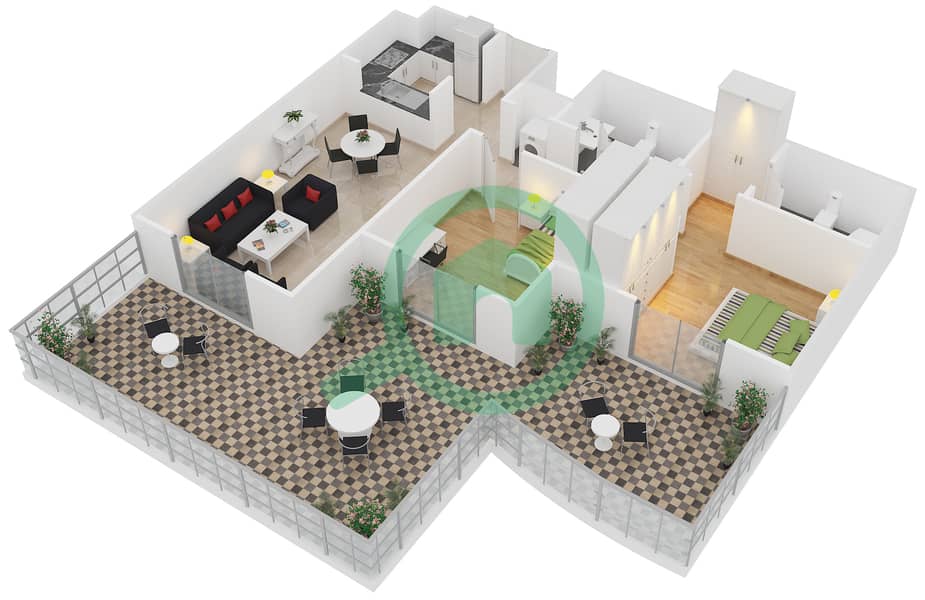 المخططات الطابقية لتصميم النموذج C15 شقة 2 غرفة نوم - دايموند فيوز 1 interactive3D