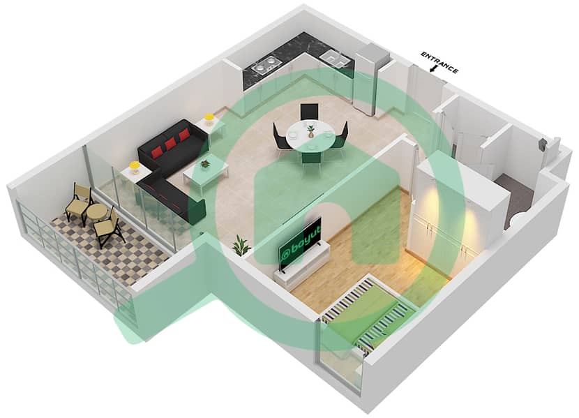المخططات الطابقية لتصميم النموذج E شقة 1 غرفة نوم - ذا بلس ريزيدنس interactive3D