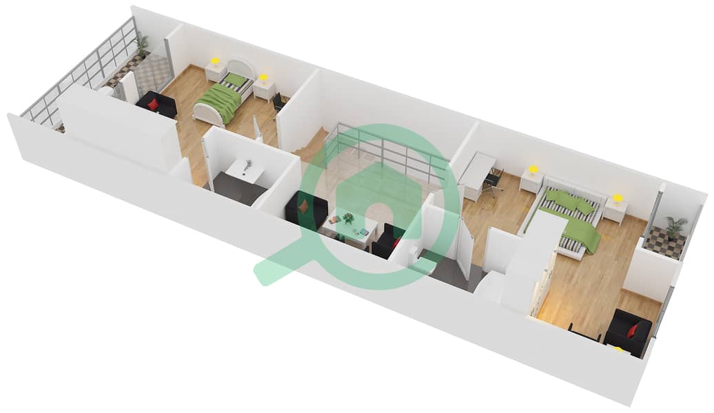 المخططات الطابقية لتصميم النموذج 223 تاون هاوس 2 غرفة نوم - دايموند فيوز 1 First Floor interactive3D