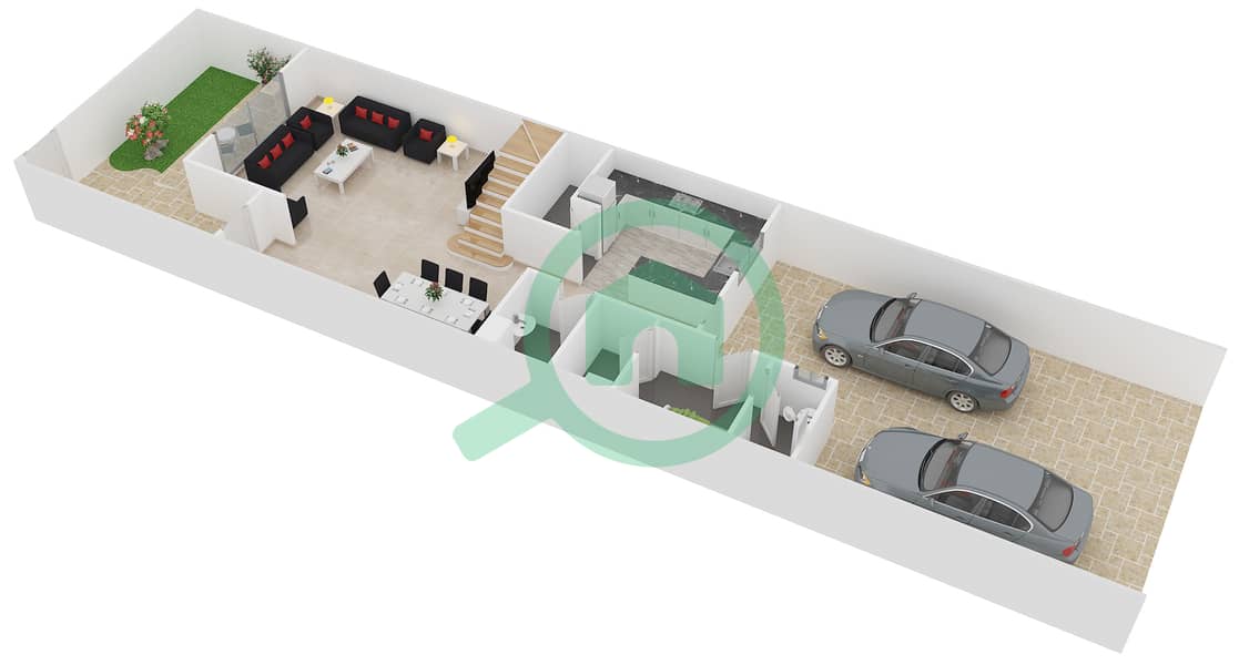 المخططات الطابقية لتصميم النموذج 324 تاون هاوس 3 غرف نوم - دايموند فيوز 1 Ground Floor interactive3D