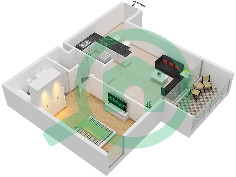 المخططات الطابقية لتصميم النموذج F شقة 1 غرفة نوم - ذا بلس ريزيدنس interactive3D