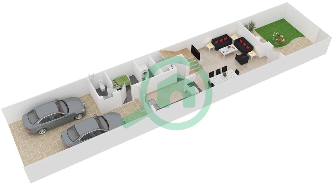 المخططات الطابقية لتصميم النموذج 325 تاون هاوس 3 غرف نوم - دايموند فيوز 1 Ground Floor interactive3D