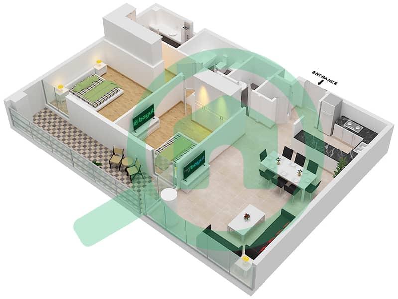 المخططات الطابقية لتصميم النموذج H شقة 2 غرفة نوم - ذا بلس ريزيدنس interactive3D