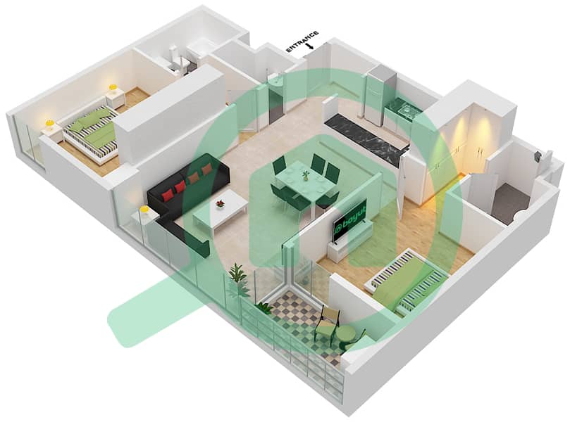 المخططات الطابقية لتصميم النموذج I شقة 2 غرفة نوم - ذا بلس ريزيدنس interactive3D