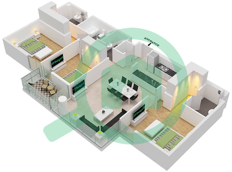 脉动公寓 - 3 卧室公寓类型K戶型图 interactive3D