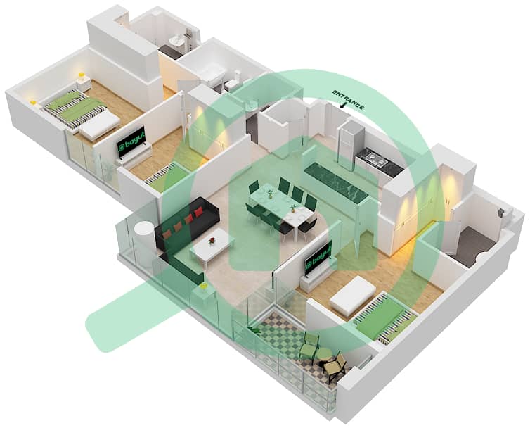 脉动公寓 - 3 卧室公寓类型L戶型图 interactive3D